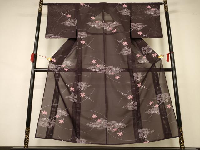 平和屋着物＊夏物　小紋　絽　流水楓文　洗える着物　AABA9397jd_1