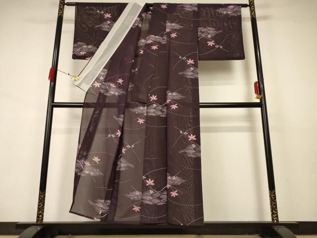 平和屋着物＊夏物　小紋　絽　流水楓文　洗える着物　AABA9397jd_2
