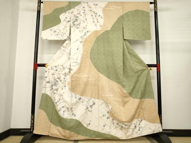 平和屋着物●訪問着　絞り　流水枝花文　正絹　逸品　AABA9455ck