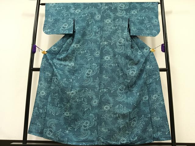 平和屋着物▽生紬 単衣 藍 更紗花文 正絹 逸品 AABA9562jh