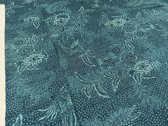 平和屋着物▽生紬　単衣　藍　更紗花文　正絹　逸品　AABA9562jh 平和屋着物▽生紬 単衣 藍 更紗花文 正絹 逸品 AABA9562jh