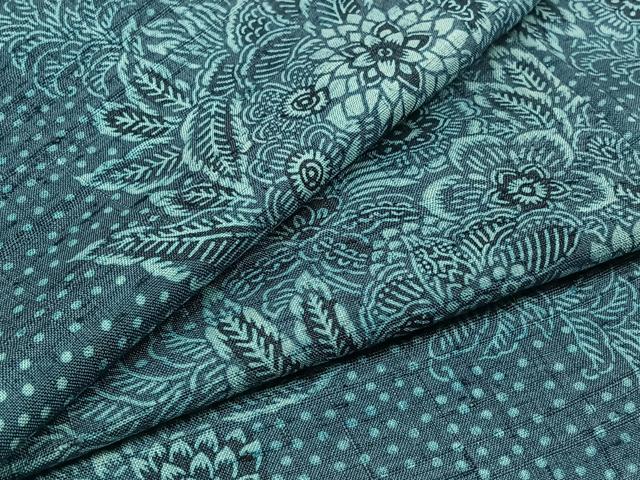 平和屋着物▽生紬　単衣　藍　更紗花文　正絹　逸品　AABA9562jh