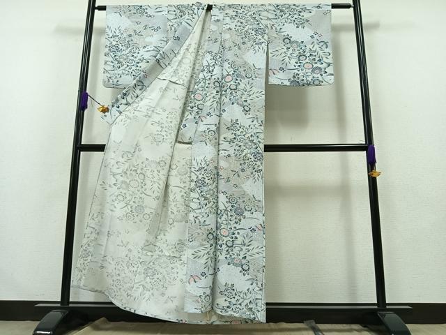 平和屋着物▽上質な小紋 単衣 更紗花鳥文 鬼しぼ縮緬 正絹