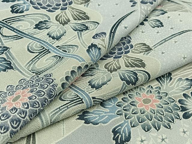 平和屋着物▽上質な小紋 単衣 更紗花鳥文 鬼しぼ縮緬 正絹