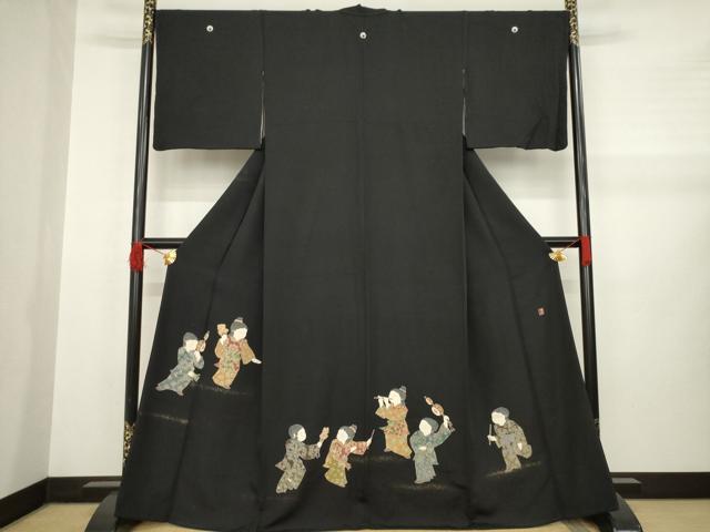 平和屋着物●十日町友禅作家　関口遼一　黒留袖　童子　正絹　逸品　AABA9765ck