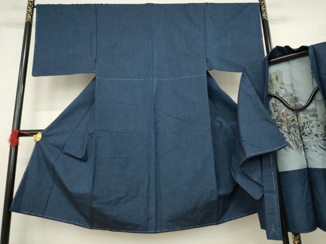 平和屋着物●男性　紬　アンサンブル　色無地　青褐色　正絹　逸品　未使用　AABA9776ck