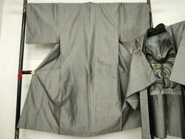 平和屋着物●男性　紬　アンサンブル　色無地　煤色　正絹　逸品　AABE4454ck