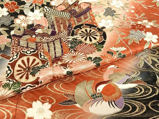 平和屋着物○豪華振袖 御所車鴛鴦飛鶴花文 暈し染め 金彩