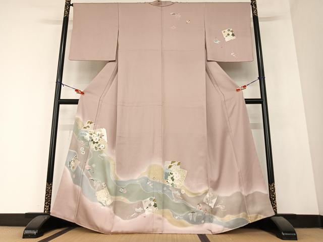 平和屋着物●訪問着　駒刺繍　破れ色紙花宝尽くし文　暈し染め　金彩　正絹　逸品　AABB0067zg