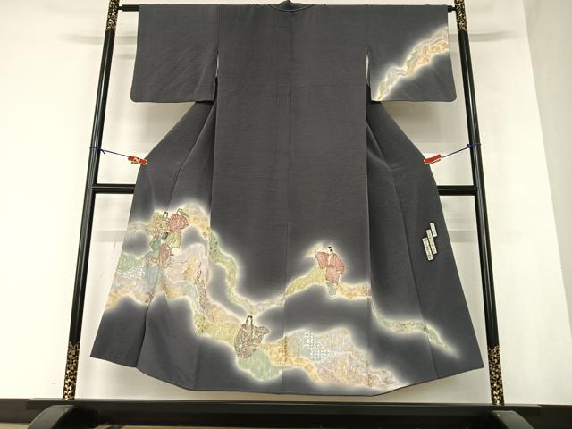 平和屋着物●友禅師・京の名工・伝統工芸士・樽本伊勢蔵 　訪問着　人物花松文　暈し染め　金銀彩　正絹　逸品　AABB0074zg