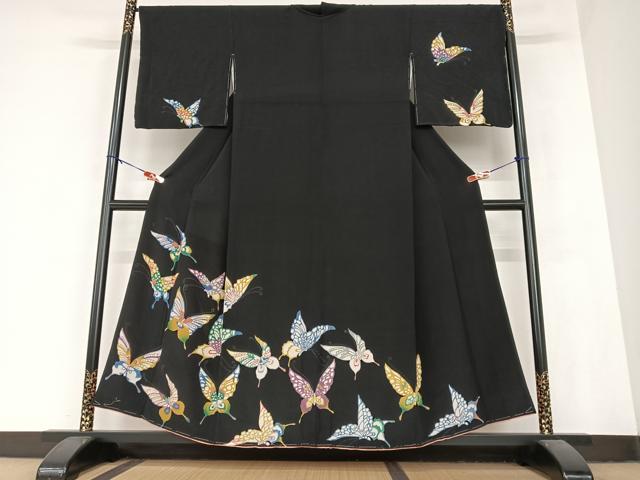 平和屋着物●訪問着　型染め　舞蝶文　黒地　正絹　逸品　未使用　AABB0075zg