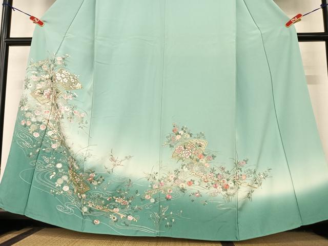 平和屋着物●訪問着　総刺繍　流水舞扇花文　暈し染め　金糸　正絹　逸品　AABB0091zg 平和屋着物○訪問着 総刺繍 流水舞扇花文 暈し染め 金糸