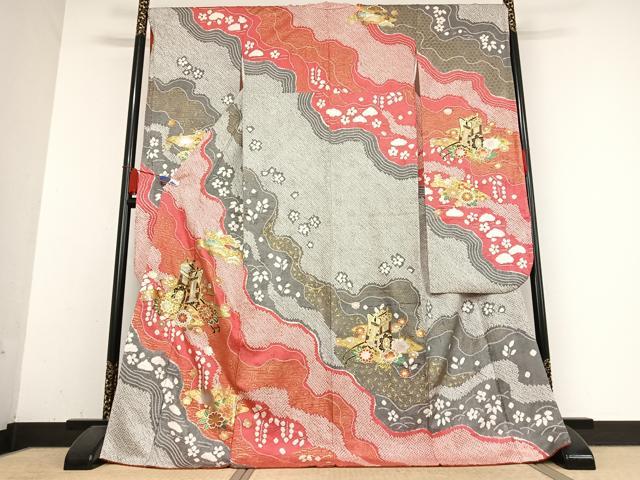 平和屋着物●豪華振袖　駒刺繍　絞り　御所車花文　金彩　正絹　逸品　AABB0113zg