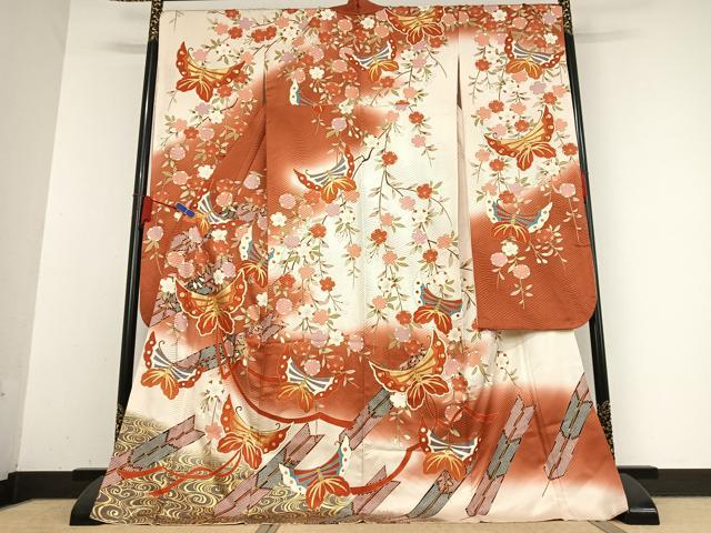 平和屋着物●豪華振袖　駒刺繍　舞蝶文　枝垂れ桜　暈し染め　金彩　正絹　逸品　AABB0120zg