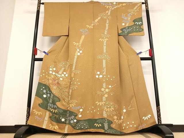 平和屋着物●訪問着　手描き　絞り　松竹梅　金彩　正絹　逸品　AABB0154zg