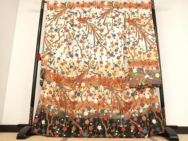 平和屋着物●豪華振袖　駒刺繍　鳳凰花文　槍梅　暈し染め　金彩　正絹　逸品　AABB0155zg