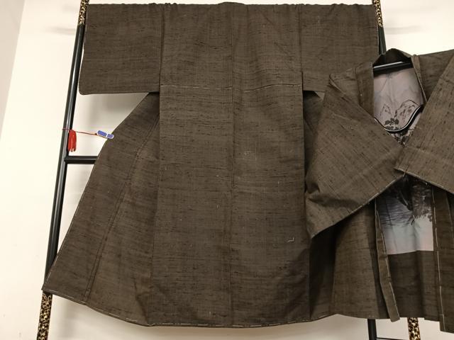 平和屋着物●男性　紬　アンサンブル　色無地　黒鳶色　正絹　逸品　AABB0159zg