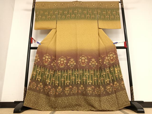 平和屋着物●訪問着　双鳥花蝶文　本苔染　正絹　逸品　AABB0171zg