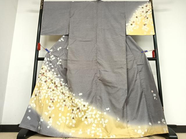 平和屋着物●五月みどりプロデュース　結城紬地　訪問着　枝垂れ桜　暈し染め　銀彩　正絹　逸品　AABB0188zg
