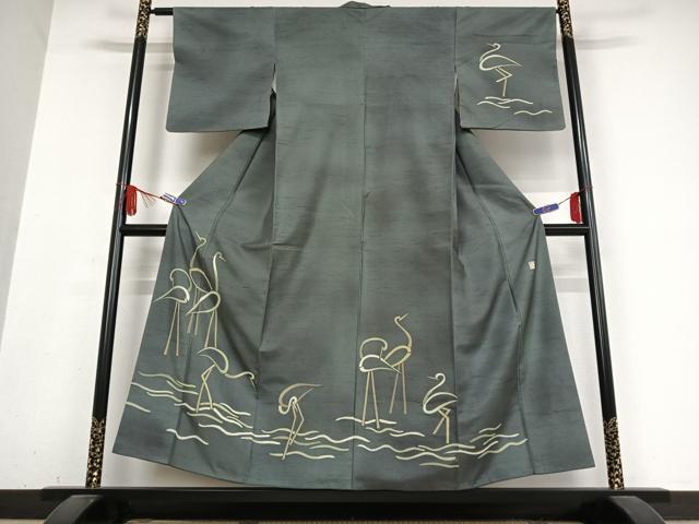 平和屋着物●石川県指定無形文化財　牛首紬　白山工房　手織り　訪問着　刺繍　鶴　暈し染め　正絹　逸品　AABB0191zg