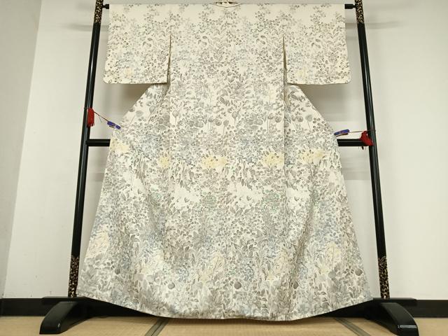 平和屋着物●訪問着　紬地　手描き　草花文　正絹　逸品　AABB0198zg