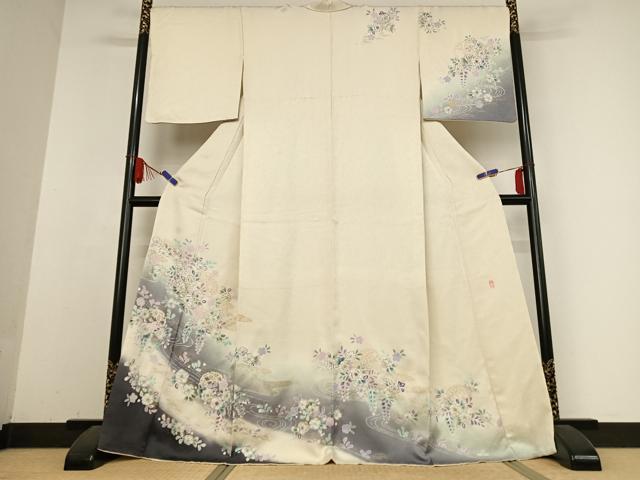 平和屋着物●訪問着　作家物　絞り　辻が花　流水雪輪花文　暈し染め　金彩　金通し地　正絹　逸品　AABB0209zg