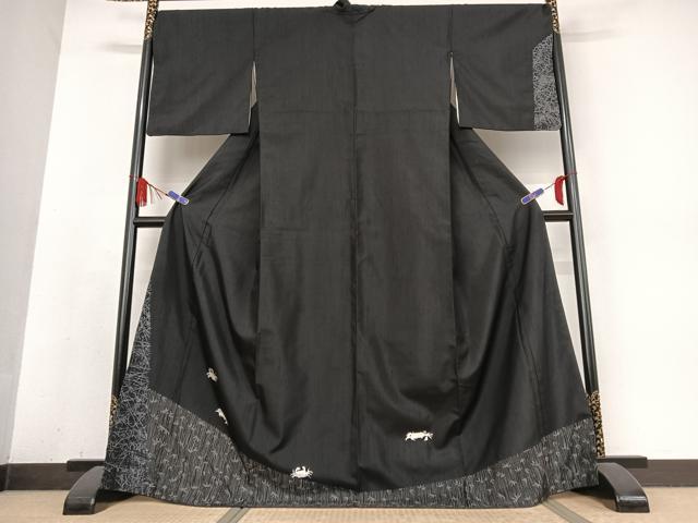 平和屋着物●訪問着　紬地　蟹　笹竹文　正絹　逸品　AABB0242zg