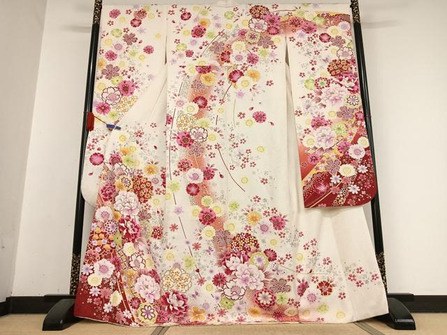 平和屋着物●豪華振袖　刺繍　舞蝶文　暈し染め　金彩　金通し地　正絹　逸品　AABB0260zg