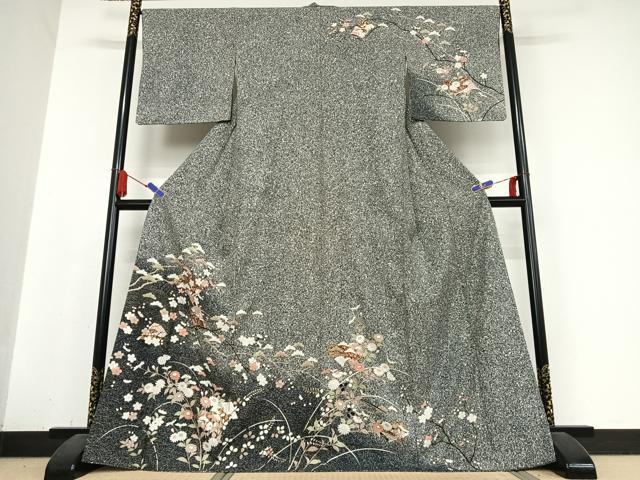 平和屋着物●訪問着　花松冊子文　たたき染め　黒地　金彩　正絹　逸品　AABB0287zg