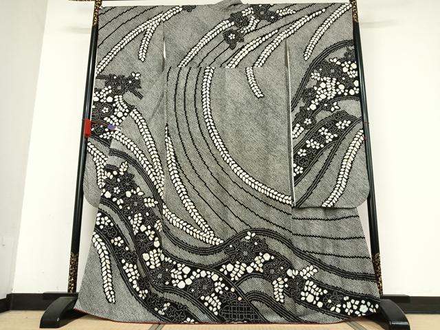 平和屋着物○豪華振袖・長襦袢(無双仕立て)セット 総絞り 舞花文 黒地 正絹