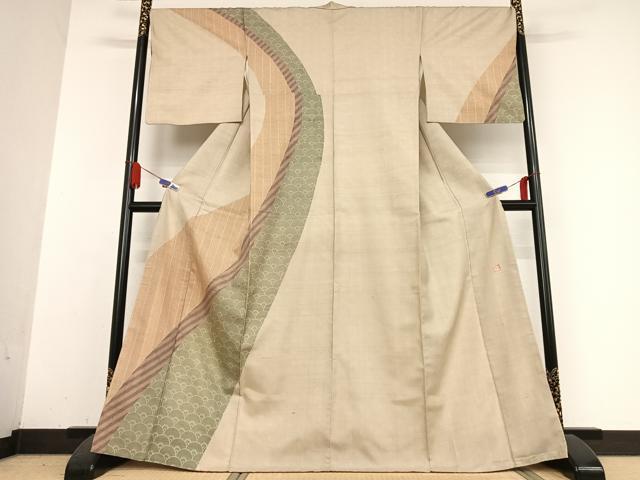 平和屋着物●西陣　じゅらく謹製　訪問着　紬地　青海波間道　正絹　逸品　AABB0308zg