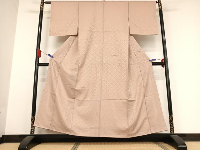 平和屋着物○お召 色無地 花七宝地紋 ときがら茶色 正絹 逸品 未