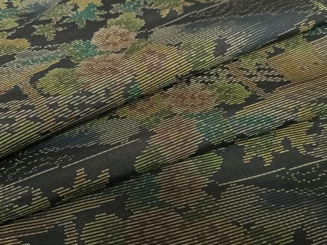 平和屋着物●本場大島紬　風景草花文　黒地　正絹　逸品　AABB0355zg