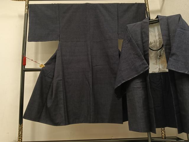 平和屋着物●男性　結城紬　アンサンブル　杢　藍鉄色　正絹　逸品　AABB0394ph