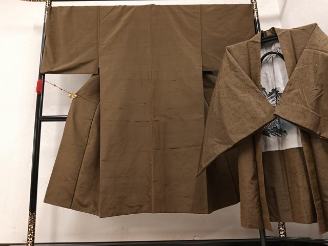 平和屋着物●男性　紬　アンサンブル　色無地　媚茶色　正絹　逸品　AABB0435ph