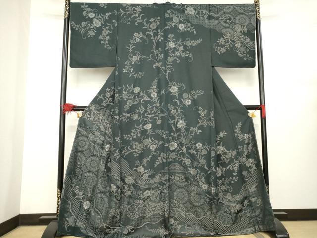 平和屋着物●お召　訪問着　中国三大刺繍　汕頭刺繍　スワトウ刺繍　道長更紗花唐草文　銀糸　正絹　逸品　未使用　AABB0459ck