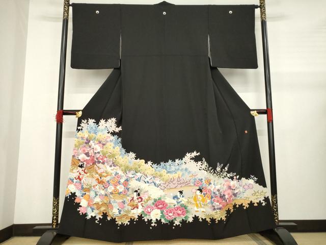 平和屋着物●豪華黒留袖　友禅　作家物　童子　正絹　逸品　AABB0466ck