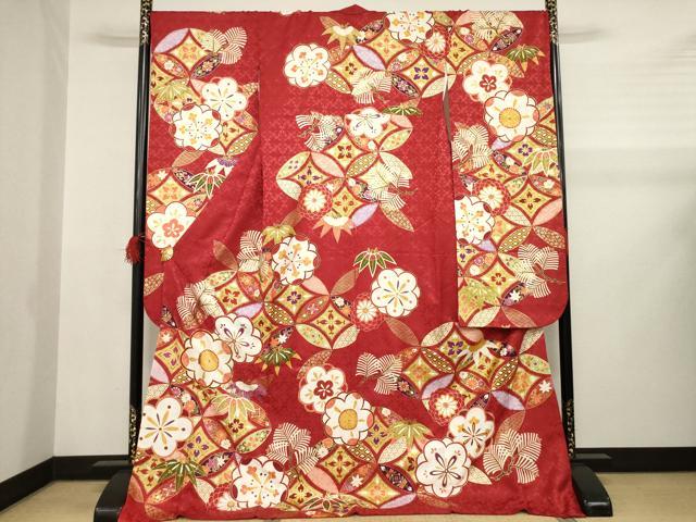 平和屋着物●豪華振袖　駒刺繍　吉祥花文　金彩　ロング丈　正絹　逸品　AABB0475ck