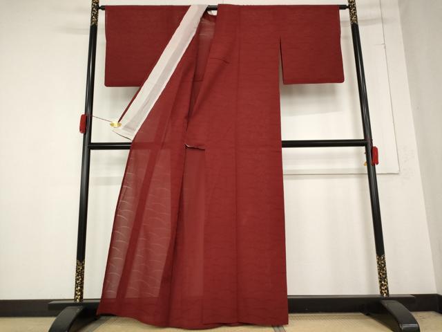 平和屋着物＊夏物　色無地　芝紋紗　茜色　洗える着物　AABB0518st_1
