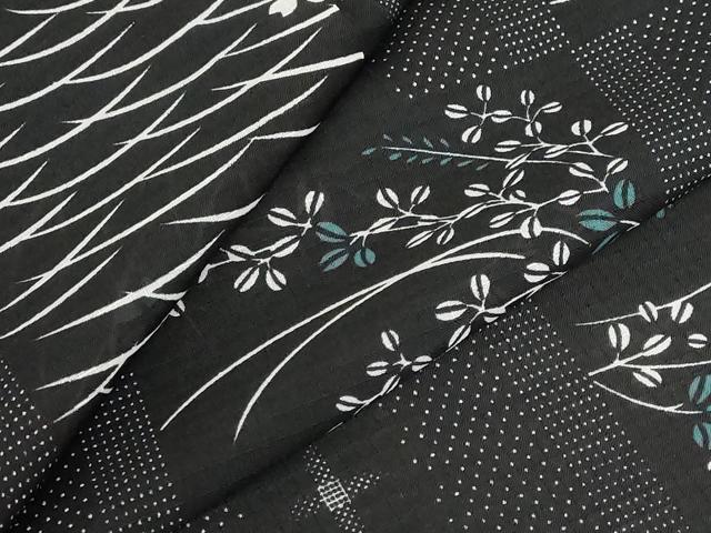 平和屋着物＊夏物　小紋　絽　紅梅織　市松草花文　黒地　洗える着物　AABB0626st