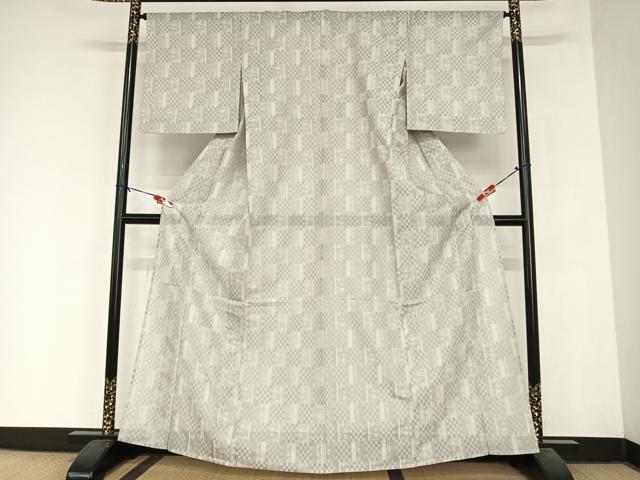 平和屋着物＊夏物 色無地 風通 市松花紋紗 銀鼠色 正絹 逸品
