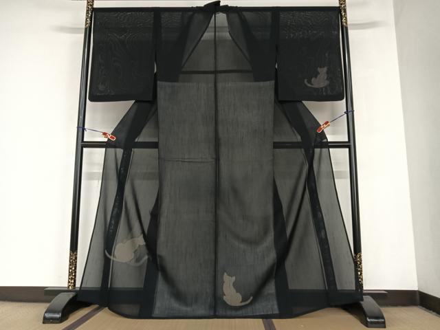 平和屋着物＊夏物　紗紬　訪問着　猫　黒地　正絹　逸品　AABB1338np