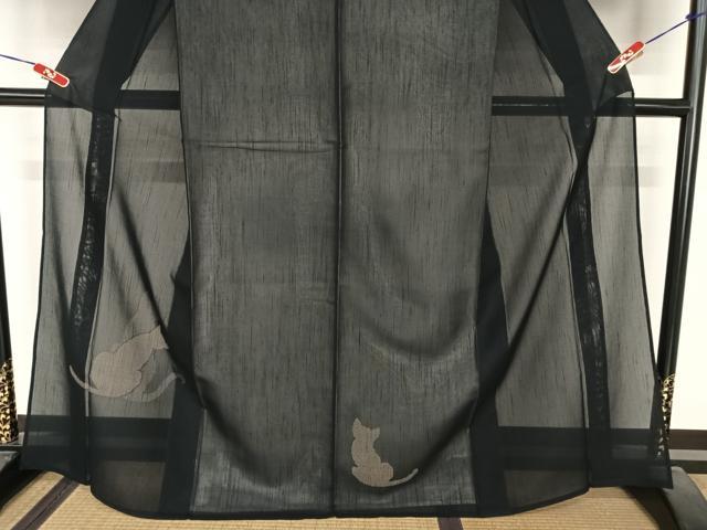 平和屋着物＊夏物　紗紬　訪問着　猫　黒地　正絹　逸品　AABB1338np_2