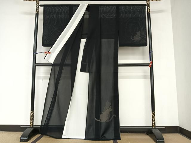 平和屋着物＊夏物　紗紬　訪問着　猫　黒地　正絹　逸品　AABB1338np_1