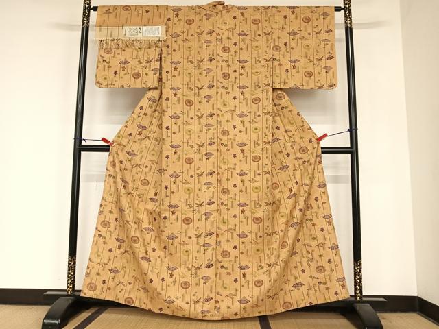 平和屋着物▽染織の名門　しょうざん  生紬　単衣　型染め　草花文　証紙付き　正絹　逸品　AABB1374np 平和屋着物▽染織の名門 しょうざん 生紬 単衣 型染め 草花文