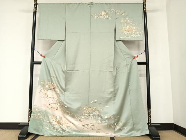 平和屋着物●訪問着　流水扇花文　暈し染め　金彩　三越扱い　ロング丈　正絹　逸品　AABB1394np