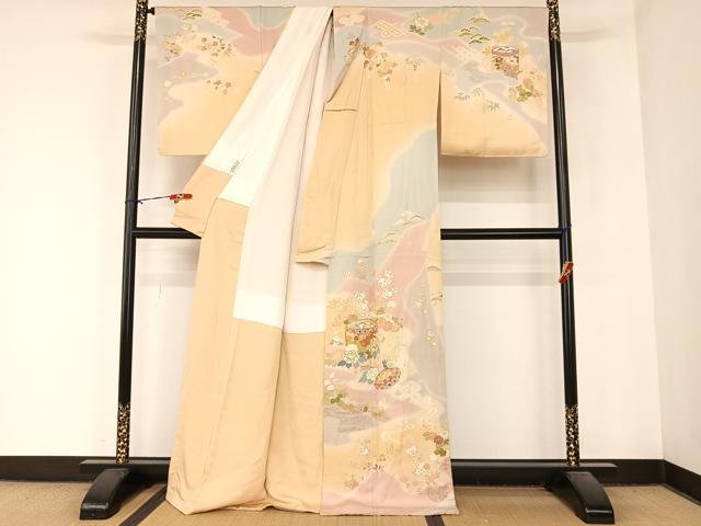 平和屋着物●創業460年・千總　訪問着　駒刺繍　貝桶草花文　暈し染め　金彩　丹後ちりめん　金彩　正絹　逸品　未使用　AABB1397np 平和屋着物○創業460年・千總 訪問着 駒刺繍 貝桶草花