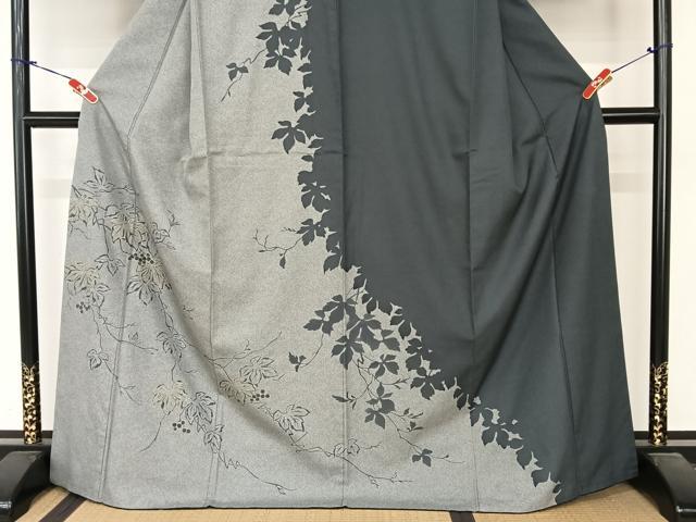 平和屋着物○訪問着 お召地 葡萄蔦の葉 草木シルエット 金彩 正絹