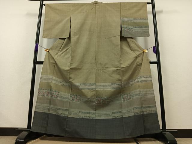 平和屋着物▽訪問着　単衣　紬地　横段花文　正絹　逸品　AABB1424jh