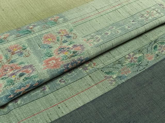 平和屋着物▽訪問着 単衣 紬地 横段花文 正絹 逸品